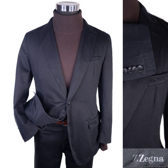 Z ZEGNA Light Sport Coat Jacket Blazer Solid Black Cotton Sz 42R Garment Treated